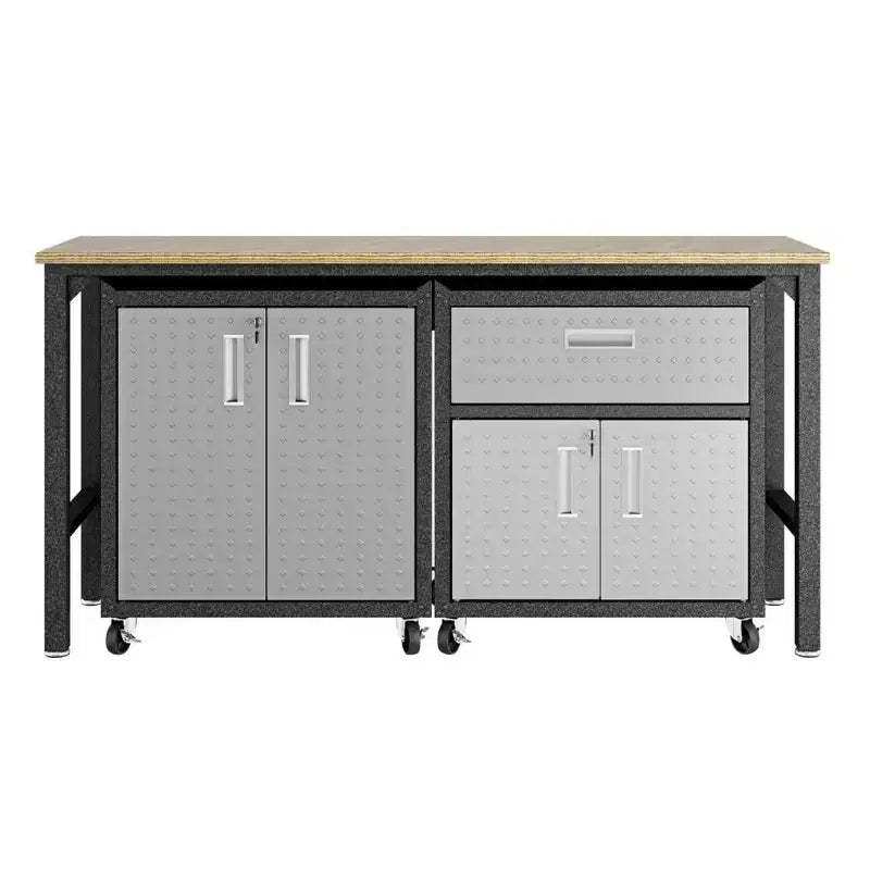 Manhattan Comfort Fortress 3pc Mobile Space Saving Garage Cabinet and Worktable Set 2.0 Gray: Lockable Storage, Adjustable Shelves, Casters