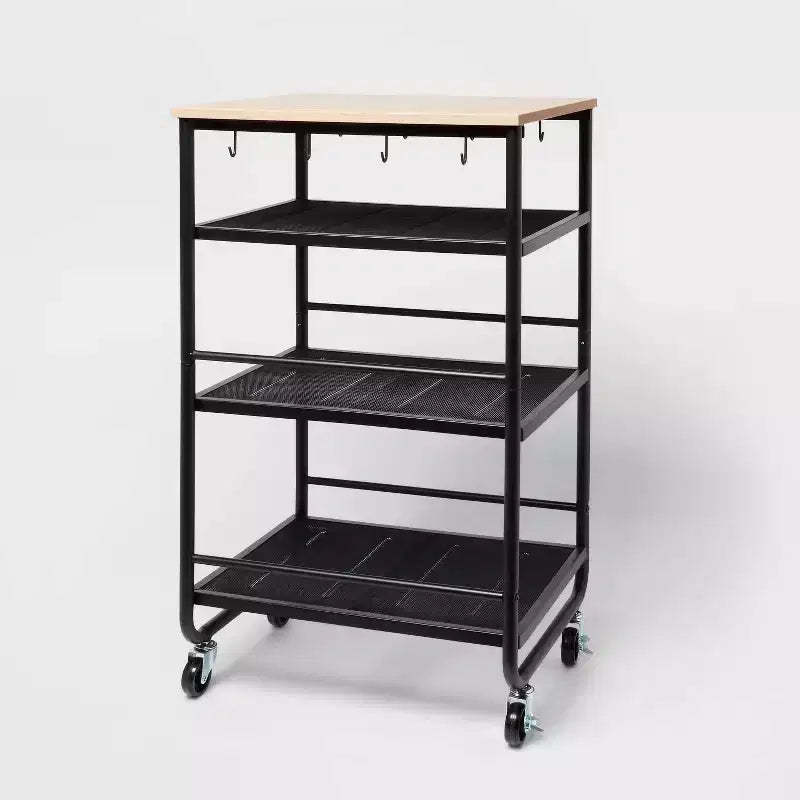 Narrow Metal Storage Cart with Wood Top Black - Brightroom™: Rolling Utility Cart with Casters & Fixed Shelves