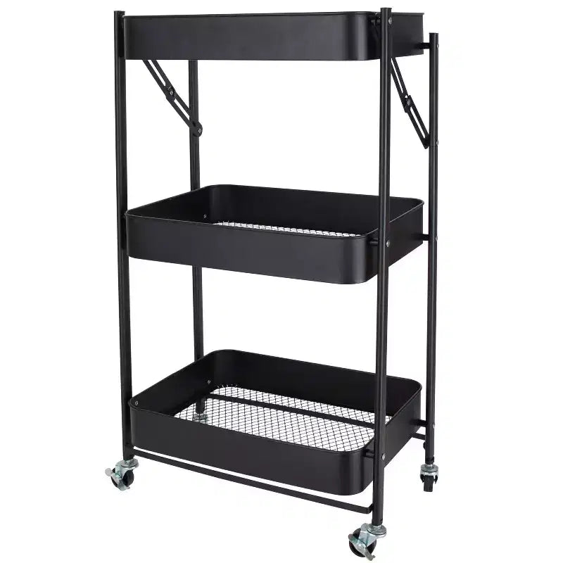 Organize It All 3 Tier Folding Metal Utility Storage Rolling Cart with Lockable Wheels Black
