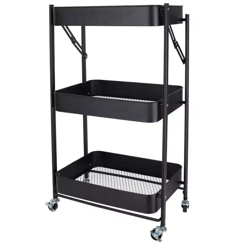Organize It All 3 Tier Folding Metal Utility Storage Rolling Cart with Lockable Wheels Black