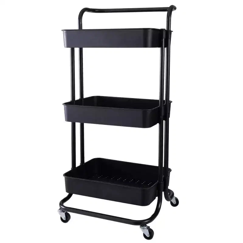 Organize It All 3 Tier Storage Rolling Metal Utility Cart with Basket Wheels Black