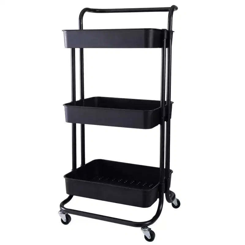 Organize It All 3 Tier Storage Rolling Metal Utility Cart with Basket Wheels Black