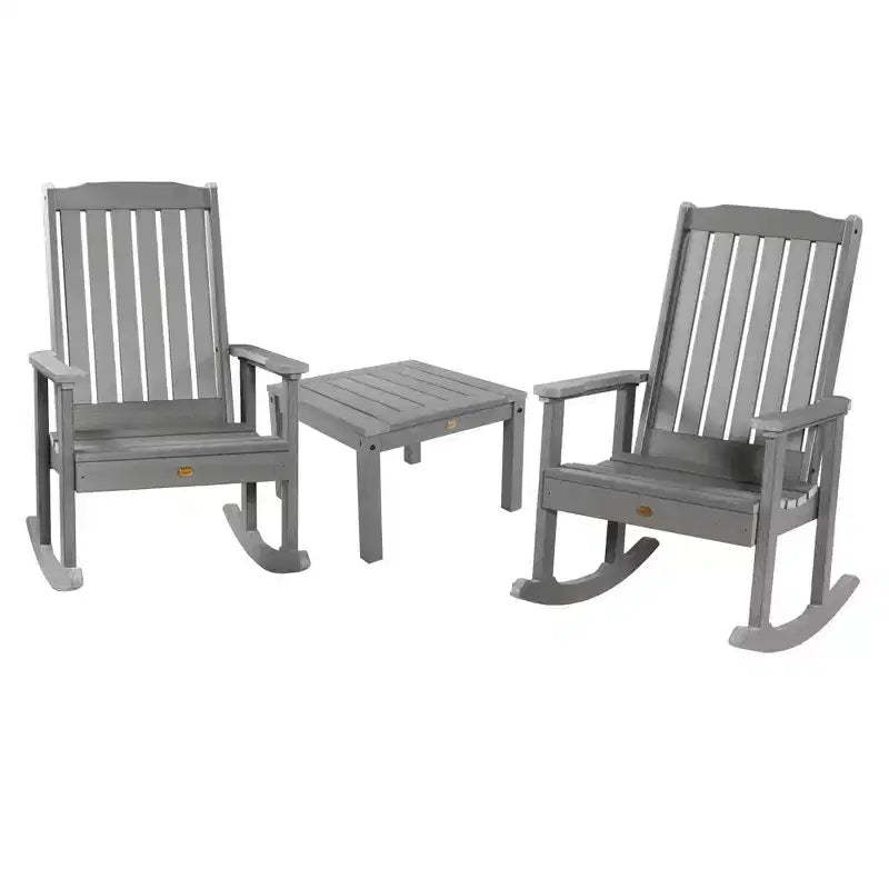 Lehigh 2pk Rocking Chairs with 1 Adirondack Side Table Coastal Teak Gray- Highwood: Outdoor Patio Furniture Set