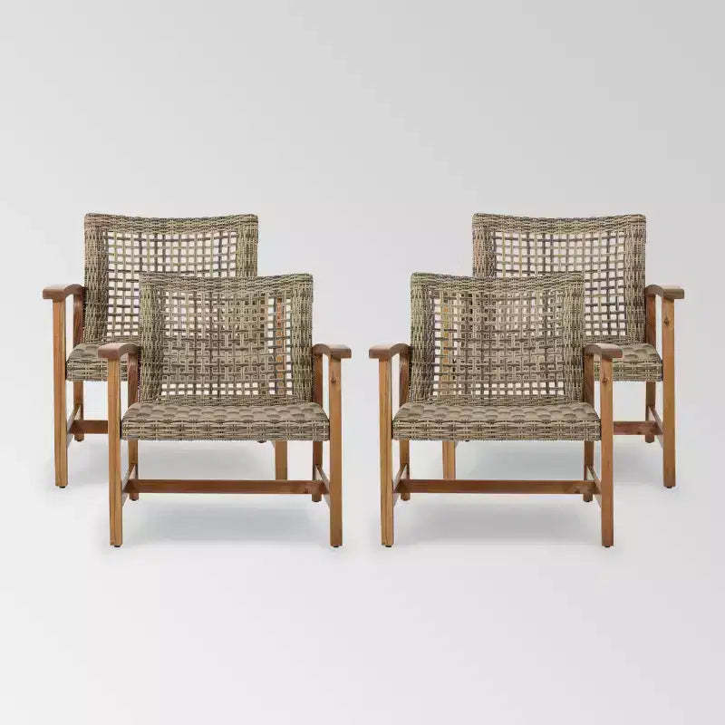 Hampton 4pk Wicker Mid-Century Club Chairs: Acacia Wood & Iron Frame - Christopher Knight Home