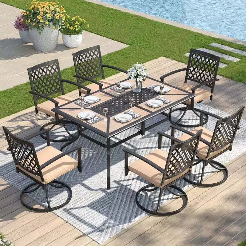 7pc Metal Patio Dining Set with Rectangular Table & 6 Swivel Chairs - Captiva Designs
