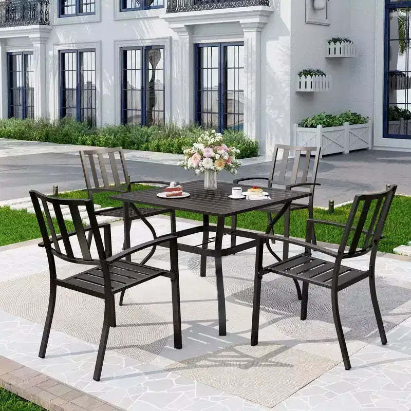 5pc Metal Indoor/Outdoor 37" Square Striped Dining Table with Arm Chairs & 1.57" Umbrella Hole - Captiva Designs