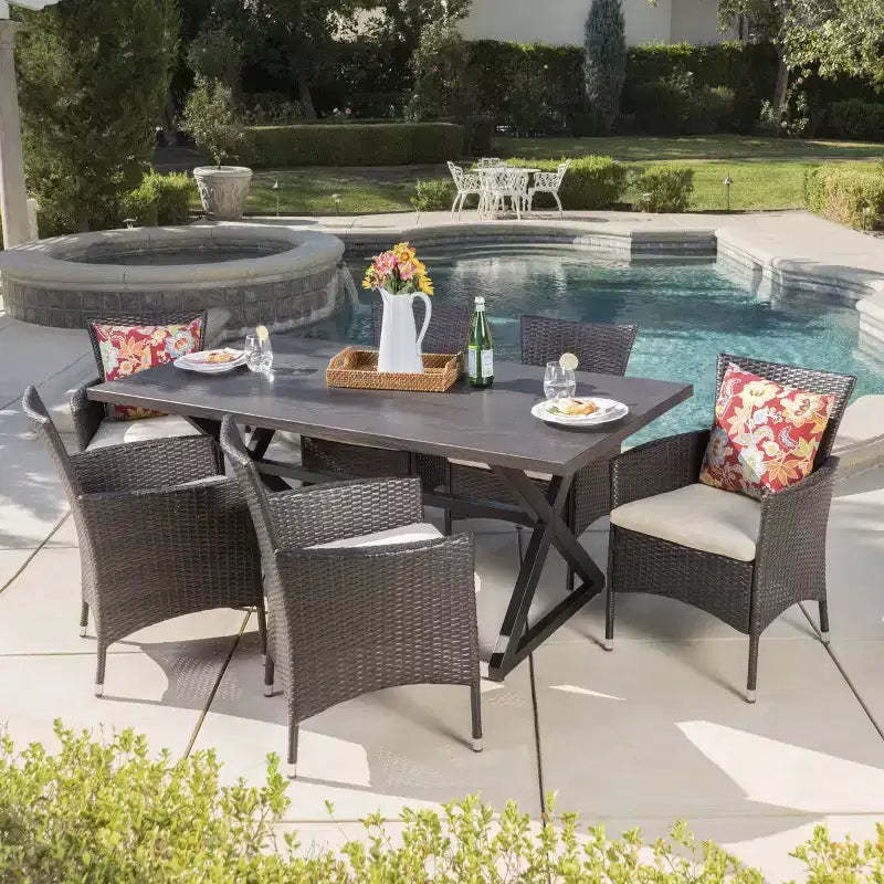 Dion 7pc Aluminum & Wicker Patio Dining Set - Brown - Christopher Knight Home: Weather-Resistant with Polyester Cushions