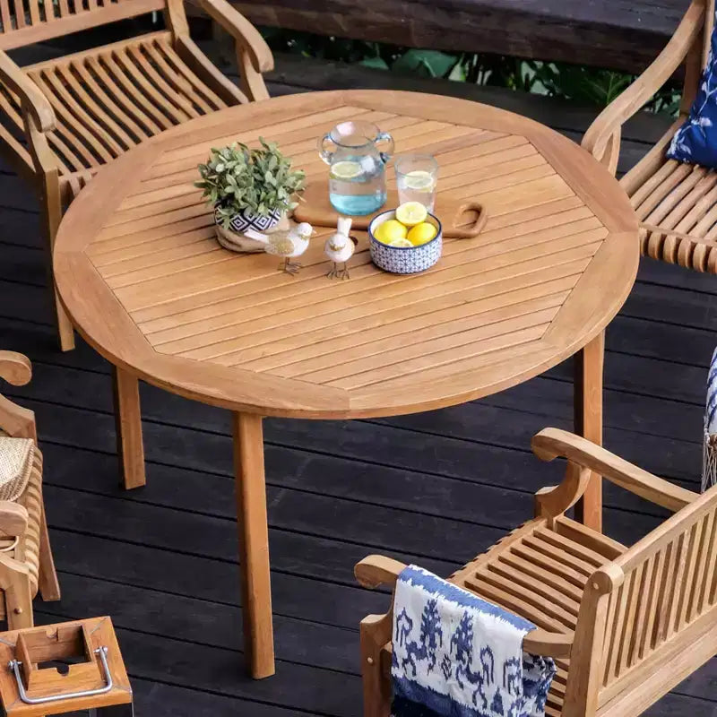 Sonoma Lane Channing Teak Round Outdoor Dining Table Light Brown – Weather-Resistant, 2. Umbrella Hole