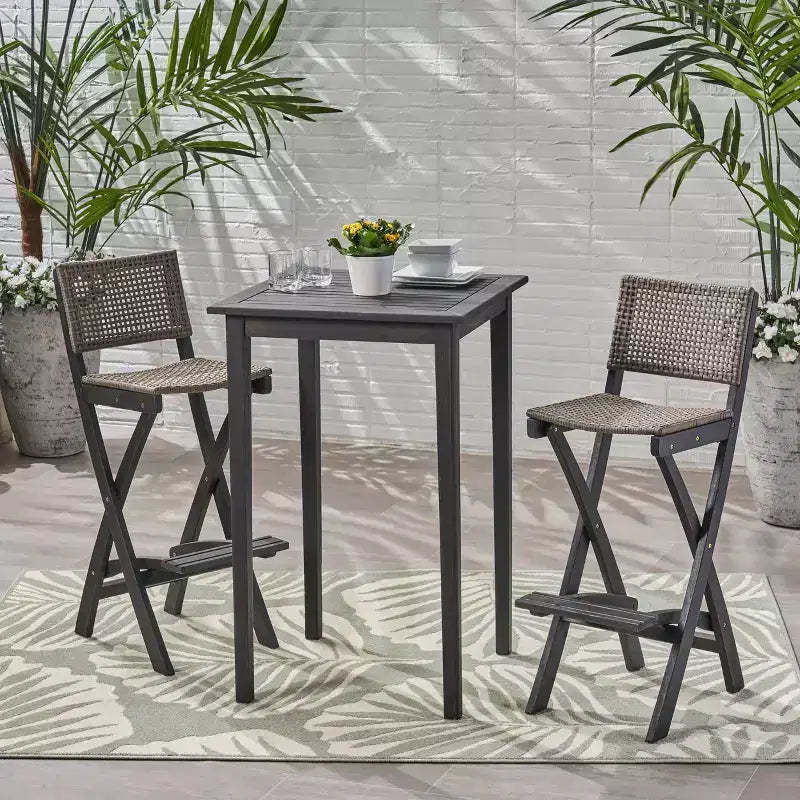 Polaris 3pc Wood and Wicker 26" Square Bar Set Dark Gray - Christopher Knight Home: Weather-Resistant Patio Dining Set with 2 Stools