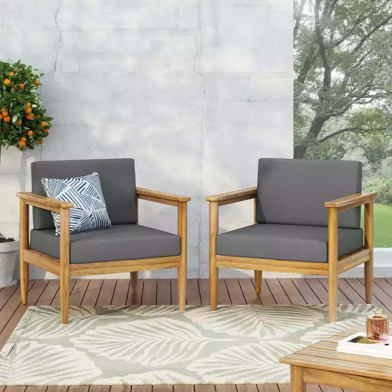 Magnolia 2pc Patio Acacia Wood Club Chairs: Water-Resistant Cushions - Christopher Knight Home