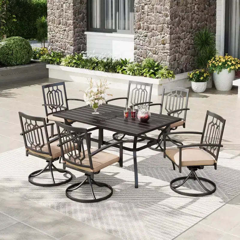 7pc Metal Patio Dining Set with Rectangular Table with Umbrella Hole & & Swivel Armrest Chairs - Captiva Designs