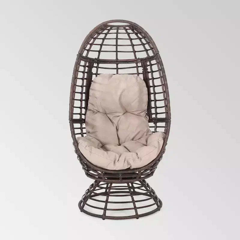 Pitner Wicker Swivel Egg Chair - Dark Brown/Beige - Christopher Knight Home: Weather-Resistant Polyester Cushion, Iron Frame