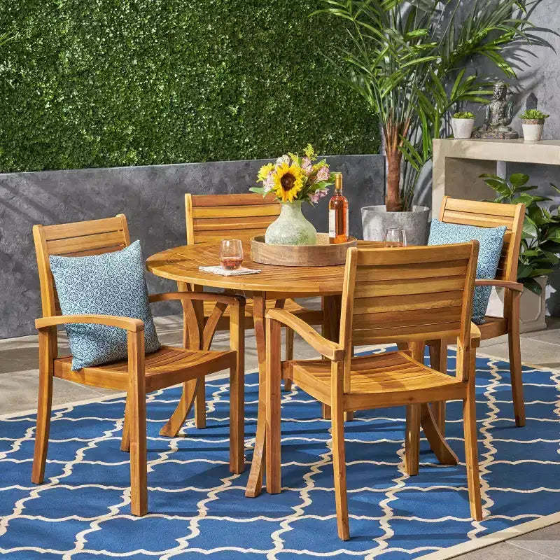 Wells 5 pc Acacia Wood Round Dining Set Teak Finish - Christopher Knight Home: Weather-Resistant Patio Furniture