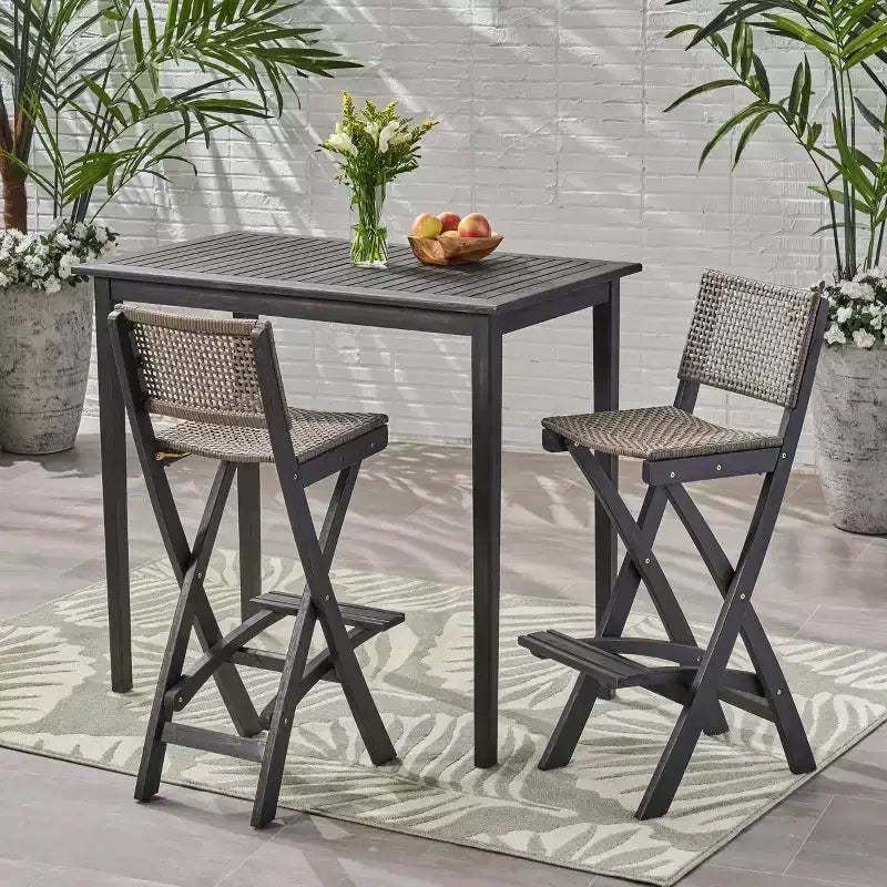 Polaris 3pc Wood and Wicker 45" Rectangular Bar Set Dark Gray - Christopher Knight Home: Acacia Frame, Weather-Resistant
