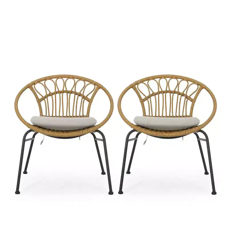 Banya 2pc Patio Wicker Chair with Cushions - Light Brown/Beige/Black - Christopher Knight Home: Outdoor Seating, PE Rattan, Metal Frame
