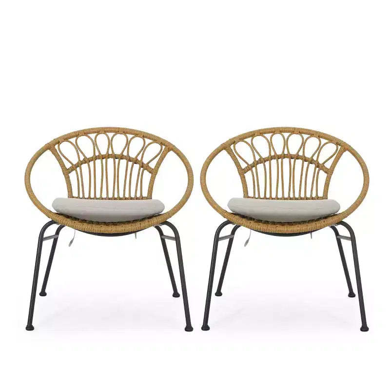 Banya 2pc Patio Wicker Chair with Cushions - Light Brown/Beige/Black - Christopher Knight Home: Outdoor Seating, PE Rattan, Metal Frame