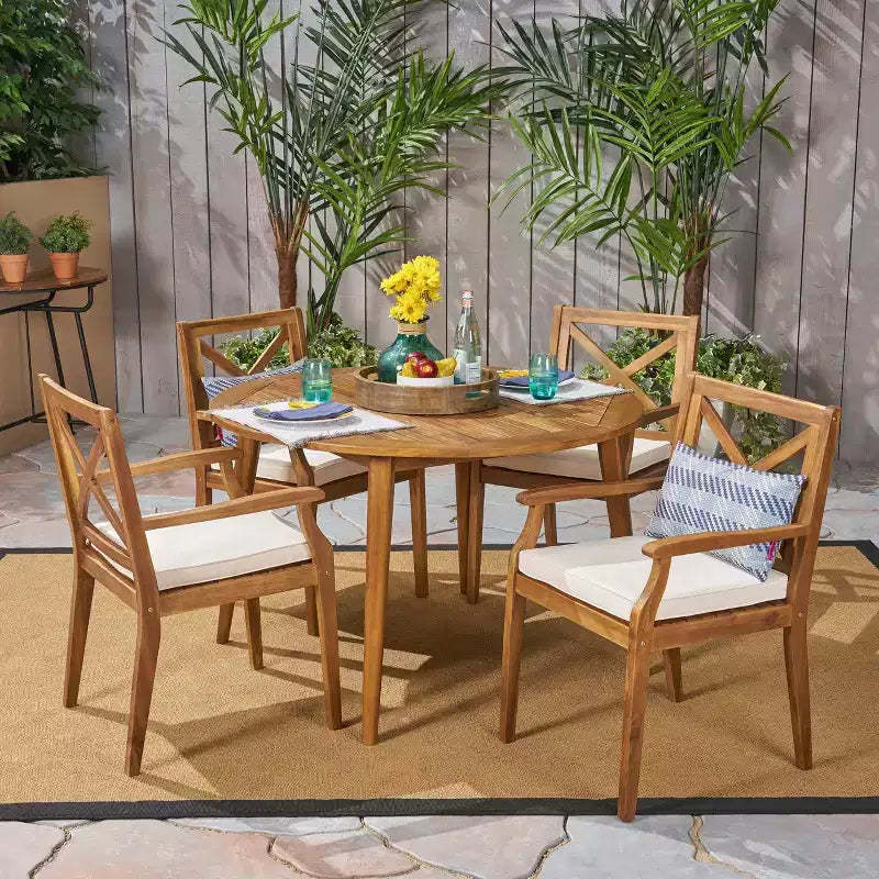 Pines 5pc Acacia Wood Outdoor Dining Set - Teak/Cream - Christopher Knight Home, Weather-Resistant: 4-Person Patio Furniture Set