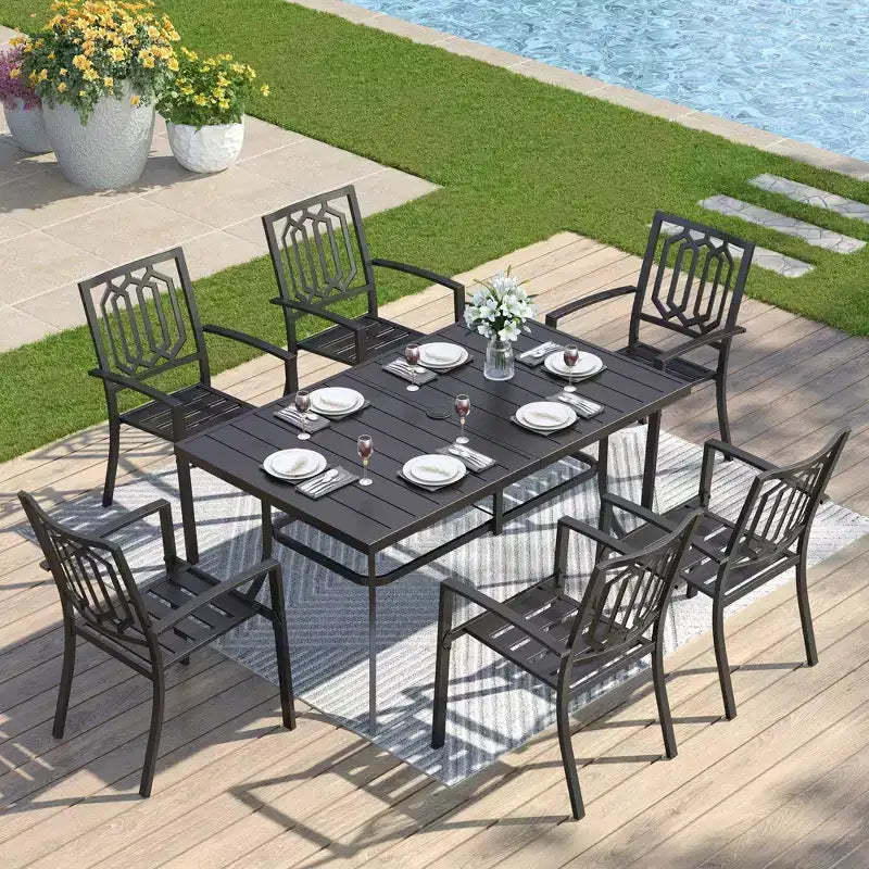 7pc Patio Dining Set with 59"x35" Steel Rectangle Table with 1.57" Umbrella Hole and 6 Steel Arm Chairs Black - Captiva Designs