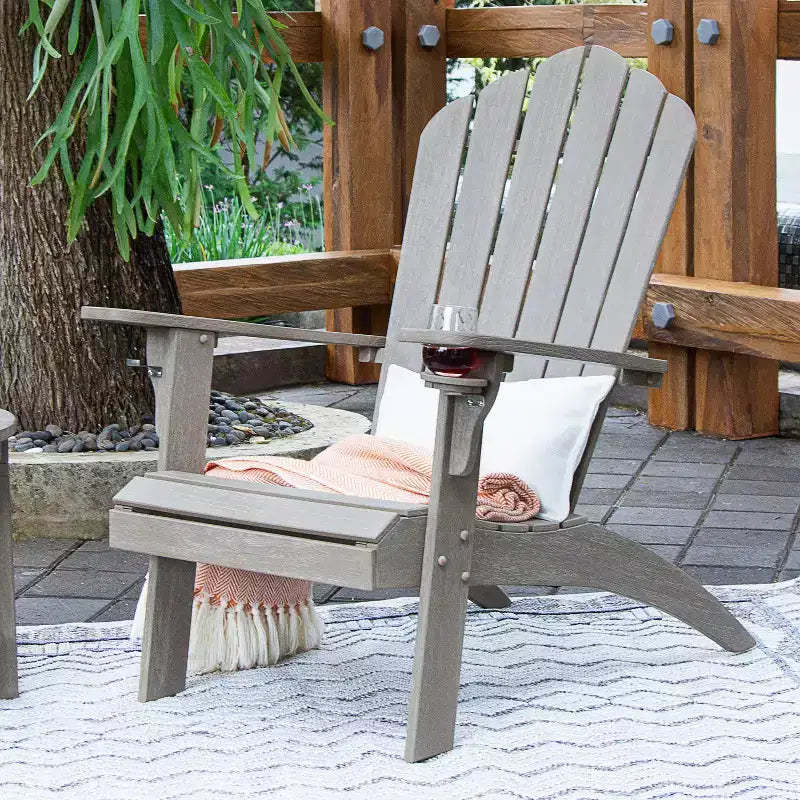 Sonoma Lane Channing Teak Outdoor Adirondack Chair Weathered Gray with Cup Holder – Weather-Resistant