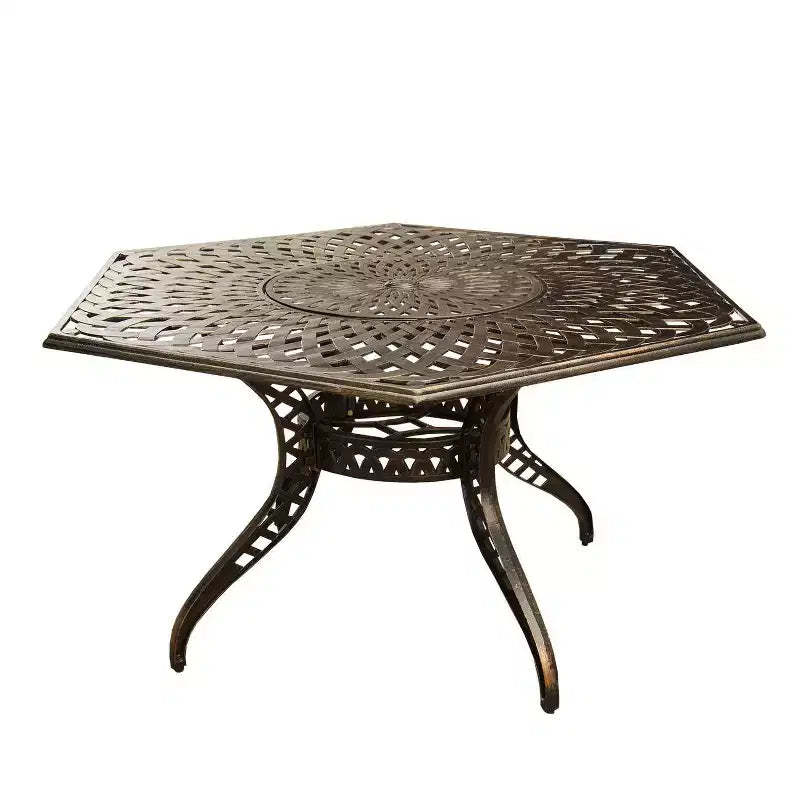 63" Contemporary Modern Mesh Lattice Aluminum Hexagon Patio Dining Table with Lazy Susan - Bronze - Oakland Living