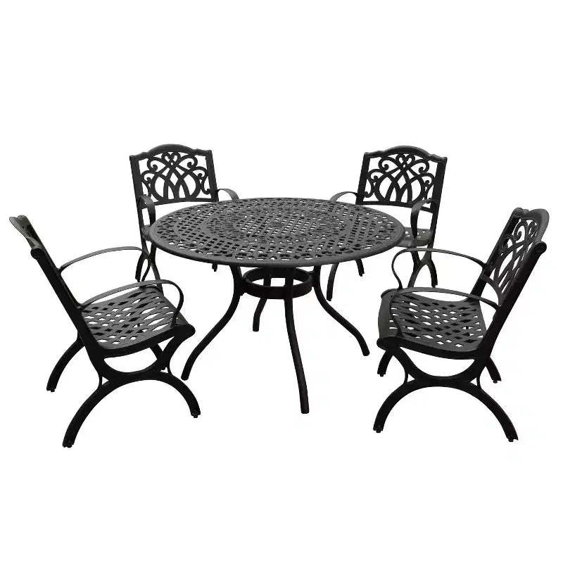 5pc Patio Dining Set with 48" Ornate Outdoor Mesh Aluminum Round Table & Luxury Chairs - Black - Oakland Living: UV-Resistant, Non-Foldable
