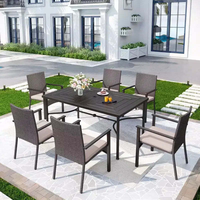 7pc Outdoor Dining Set: Steel Table, Wicker Chairs, Cushions - Captiva Designs