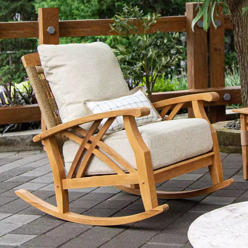 Sonoma Lane Eola Teak Outdoor Rocking Chair with Tan Zippered Cushions - Weather-Resistant