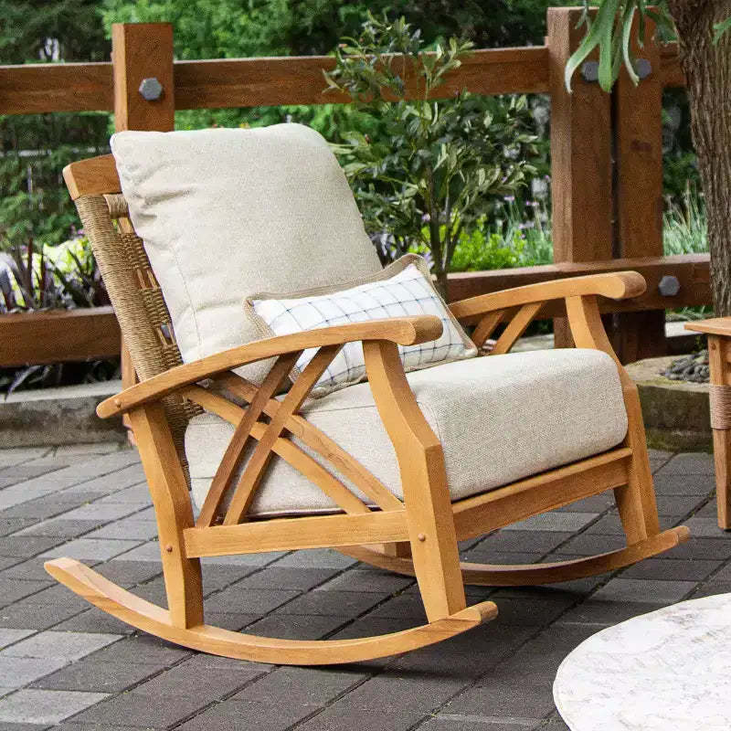 Sonoma Lane Eola Teak Outdoor Rocking Chair with Tan Zippered Cushions - Weather-Resistant