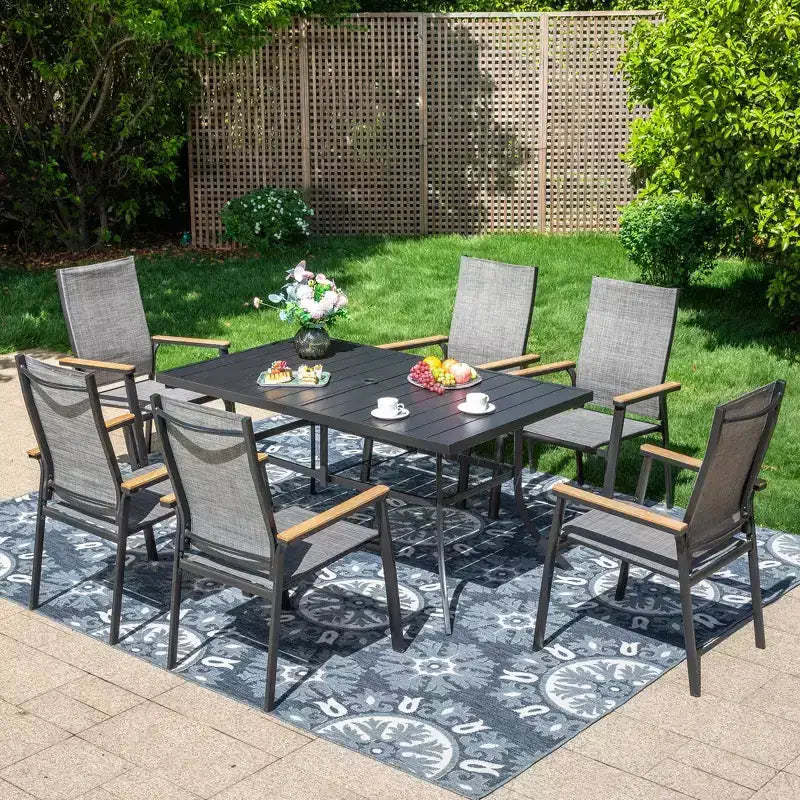 7pc Patio Dining Set with Rectangle Table with 1.57" Umbrella Hole & Aluminum Arm Chairs - Captiva Designs