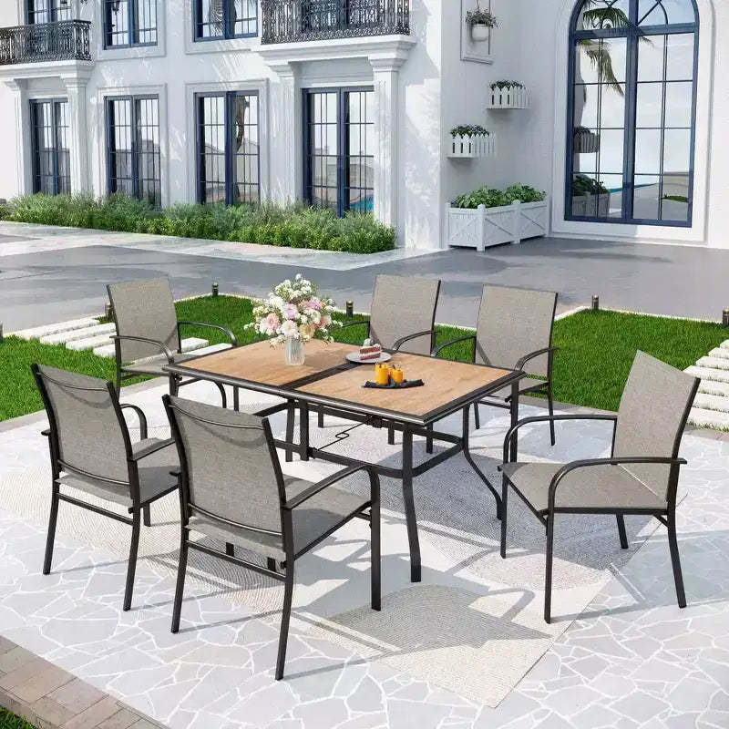 7pc Patio Dining Set with Faux Wood/Steel Table with Umbrella Hole & Sling Arm Chairs - Captiva Designs