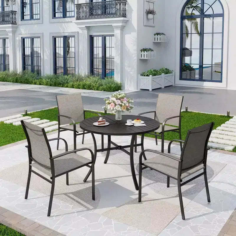 5pc Patio Dining Set with Round Table & Sling Arm Chairs - Captiva Designs: Weather-Resistant, Steel Frame
