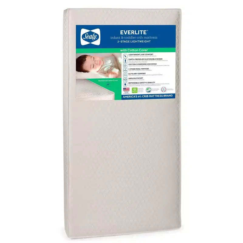 Sealy Everlite Airy Polyfiber 2-Stage Crib and Toddler Mattress: Firm, Hybrid Mattress, Waterproof Cover, Hypoallergenic