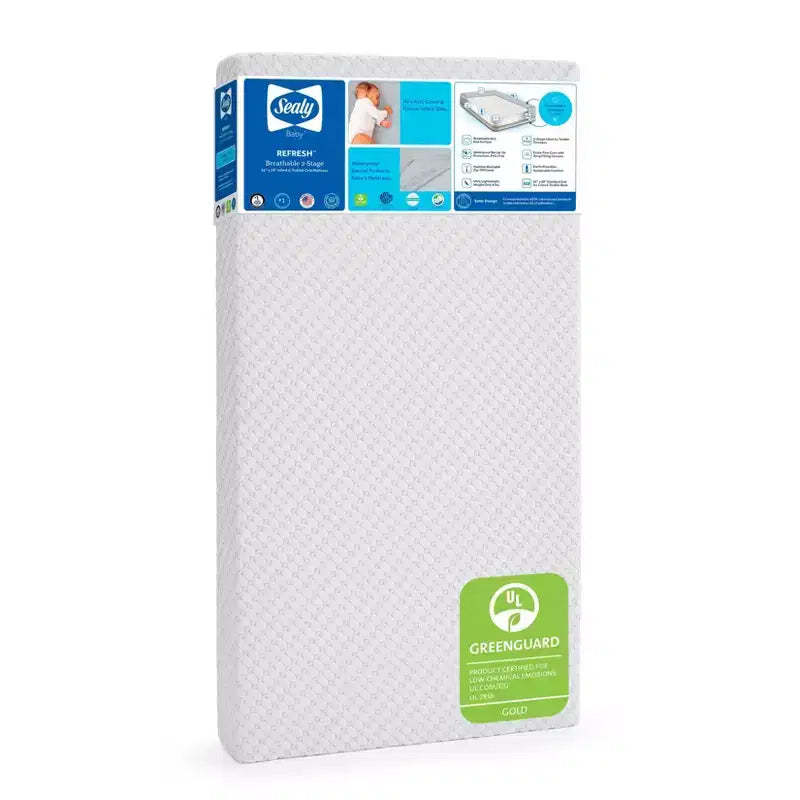 Sealy Refresh Breathable Knit Crib 6" Foam Mattress - White: Firm Side/Soft Side, Hypoallergenic, Waterproof Cover