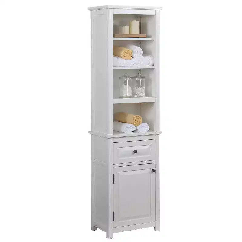 Alaterre Furniture Dorset Bathroom Storage Tower with Open Upper Shelves, Lower Cabinet and Drawer: Hardwood Linen Tower
