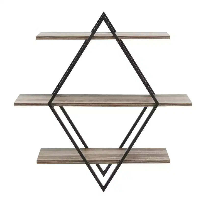 Danya B. 3-Tier Antigua Crossed Double Diamond Wall Shelf Unit Black/Rustic: Laminated Iron Frame, Includes Mounting Brackets