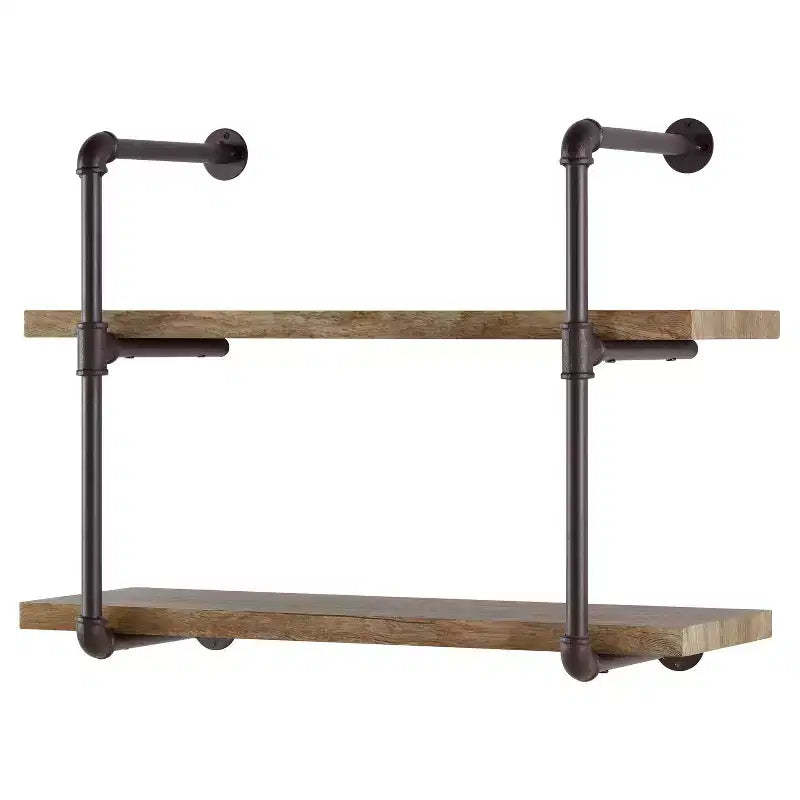 31.5" x 24" Two Tier Industrial Pipe Wall Shelf Brown - Danya B.: Rustic Open Bracket, Laminated Metal