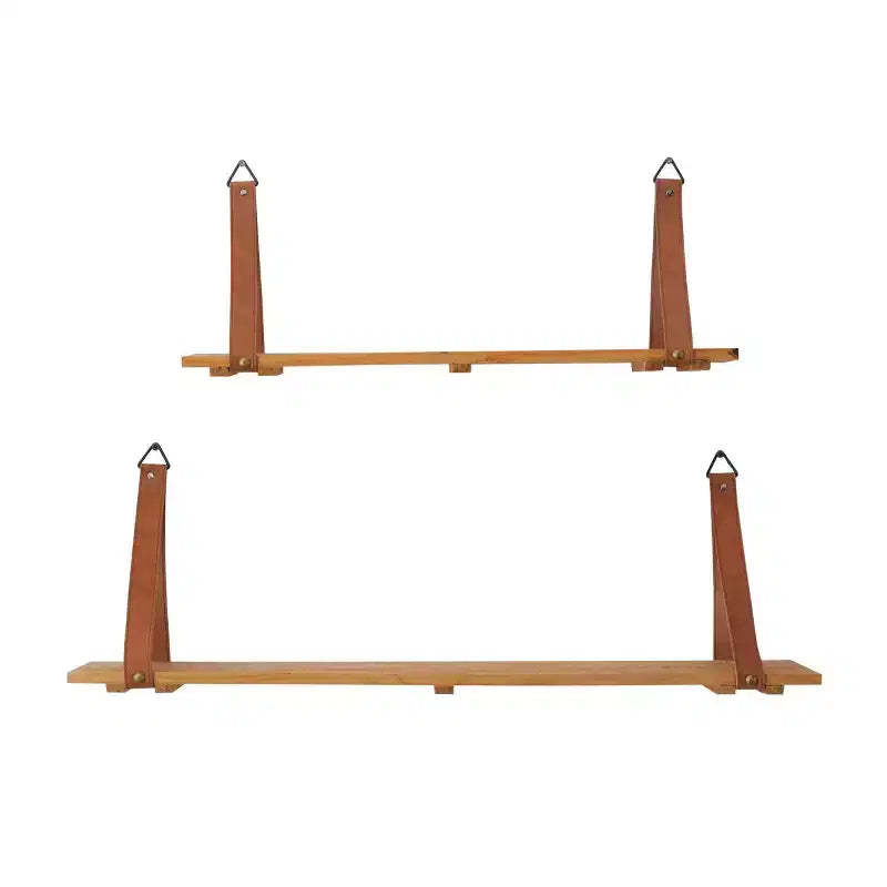 Set of 2 Wood 2 Wall Shelves with Faux Leather Straps Brown - CosmoLiving by Cosmopolitan: Contemporary Floating Storage, No Assembly Required