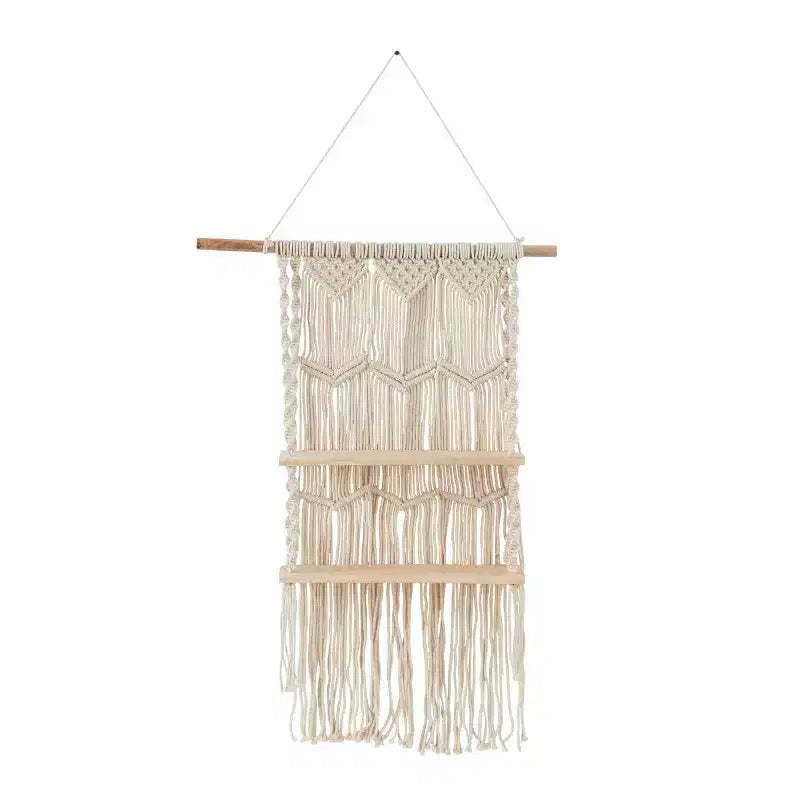 Olivia & May 49"X25" Cotton Fabric Macrame Handmade 2 Shelves Wall Shelf White