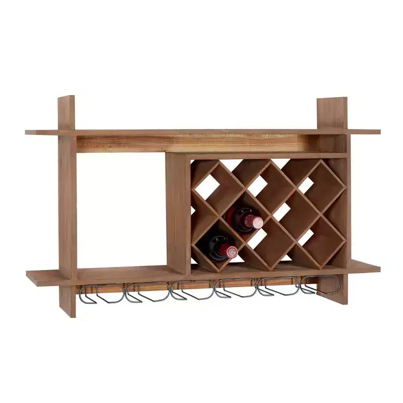 Wood Geometric 8 Bottle Slot Wall Wine Rack with 6 Glass Holder Slots Brown - Olivia & May: Alcohol Storage, No Assembly Required
