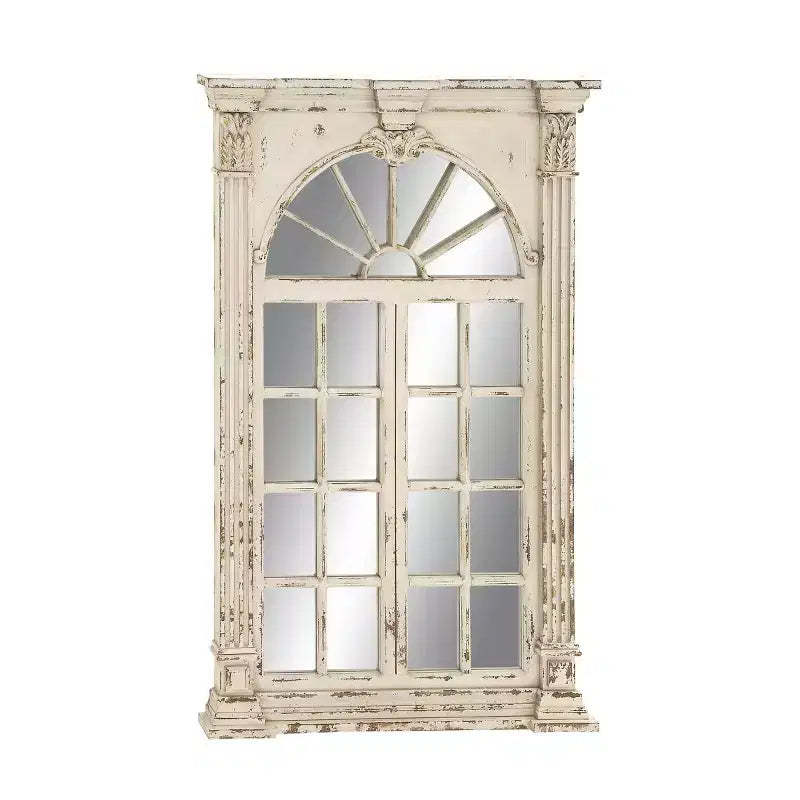 Wood Window Panes Inspired Wall Mirror with Arched Top and Distressing Cream - Olivia & May: Vintage Style, No Assembly Required