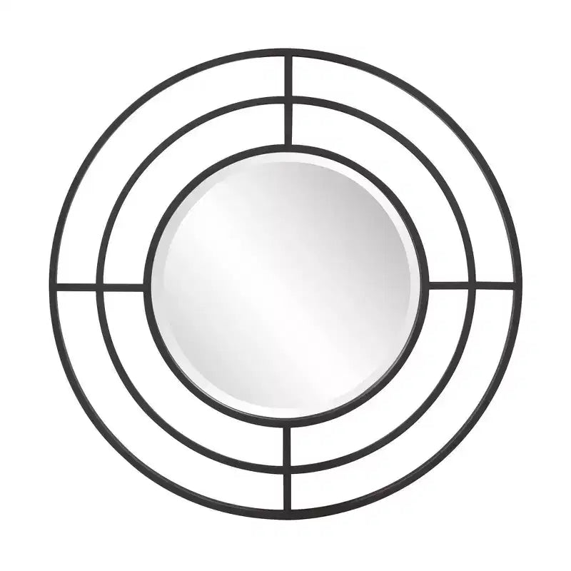 Howard Elliott 23" Round Wall Mirror with Geometric Iron Frame Matte Black: Modern Decor, No Assembly, Wall Mount
