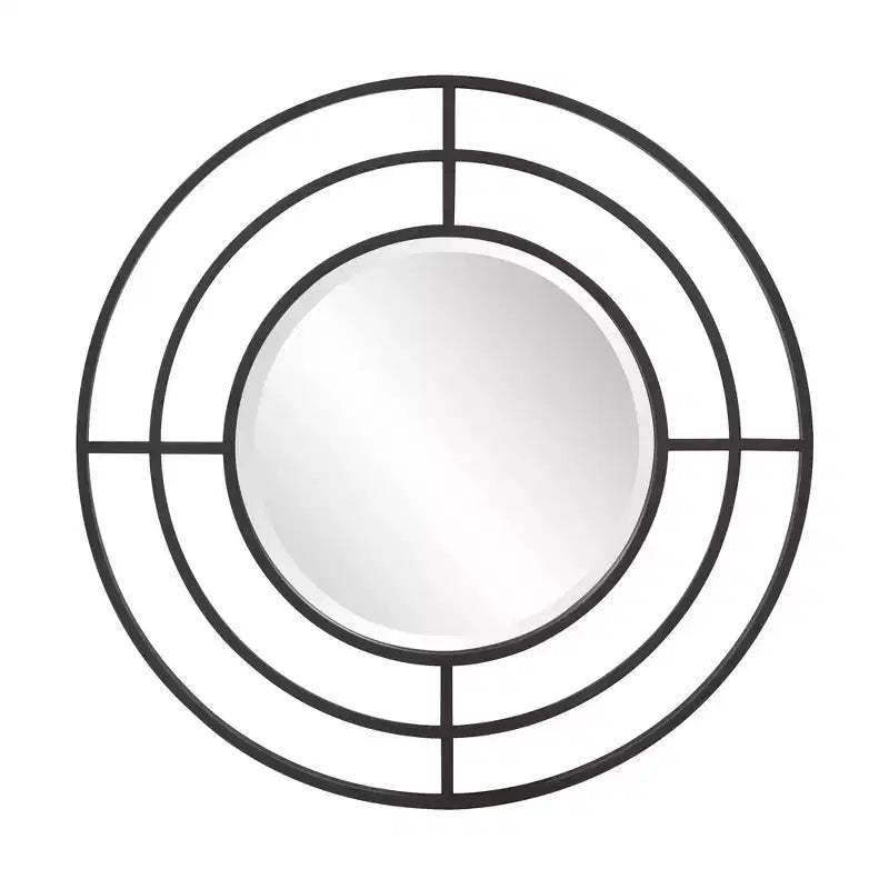 Howard Elliott 23" Round Wall Mirror with Geometric Iron Frame Matte Black: Modern Decor, No Assembly, Wall Mount