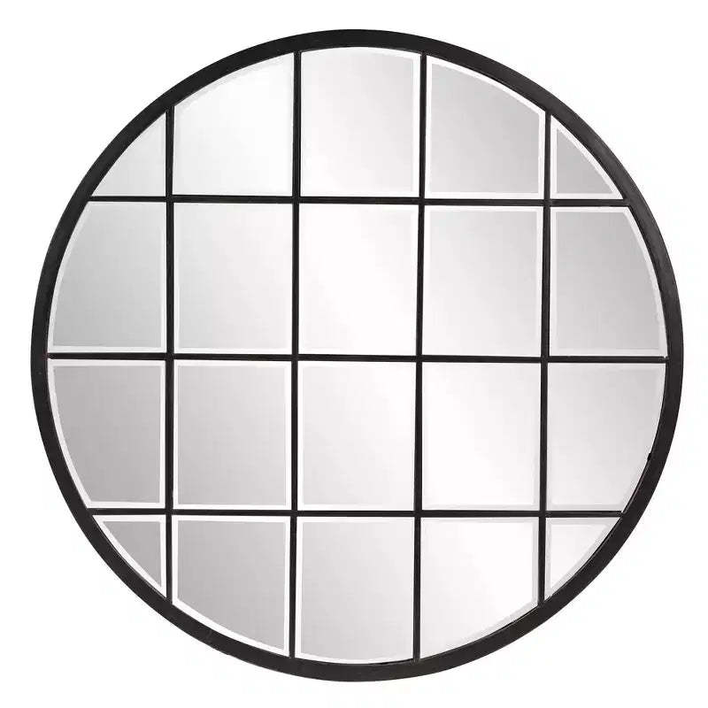 Howard Elliott 36"x36" Round Wall Mirror with Metal Windowpane Frame: Oil Rubbed Bronze, Beveled Glass, No Assembly Required