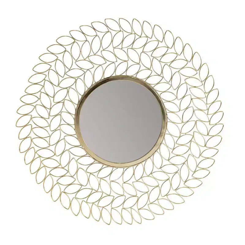 Brewster Damon Leaf Wall Mirror Gold : 28" Round, Modern Style, Metal Frame, No Assembly Required