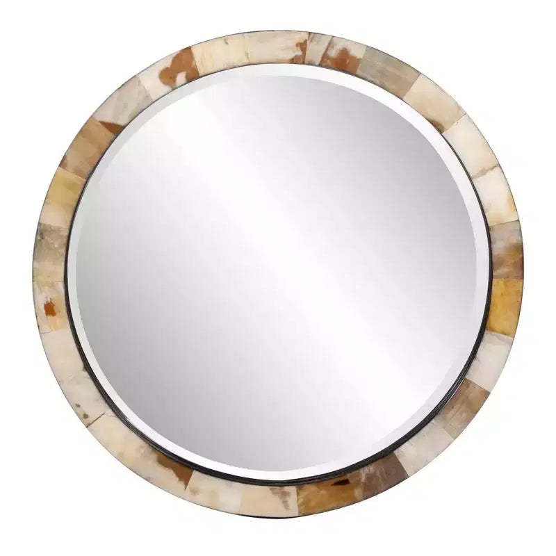 Howard Elliott 24" Godfrey Round Beveled Wall Mirror White and Tan Tiled Horn Frame