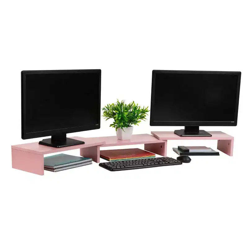 Mind Reader Dual Monitor Stand Height Adjustable Laptop Riser MDF Pink
