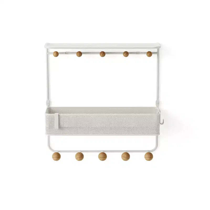 Umbra Antique Shelf With Hooks: White Decorative Wall Shelf, Metal Frame, 10 Hooks, Floating Entryway Storage, 12.5" Width