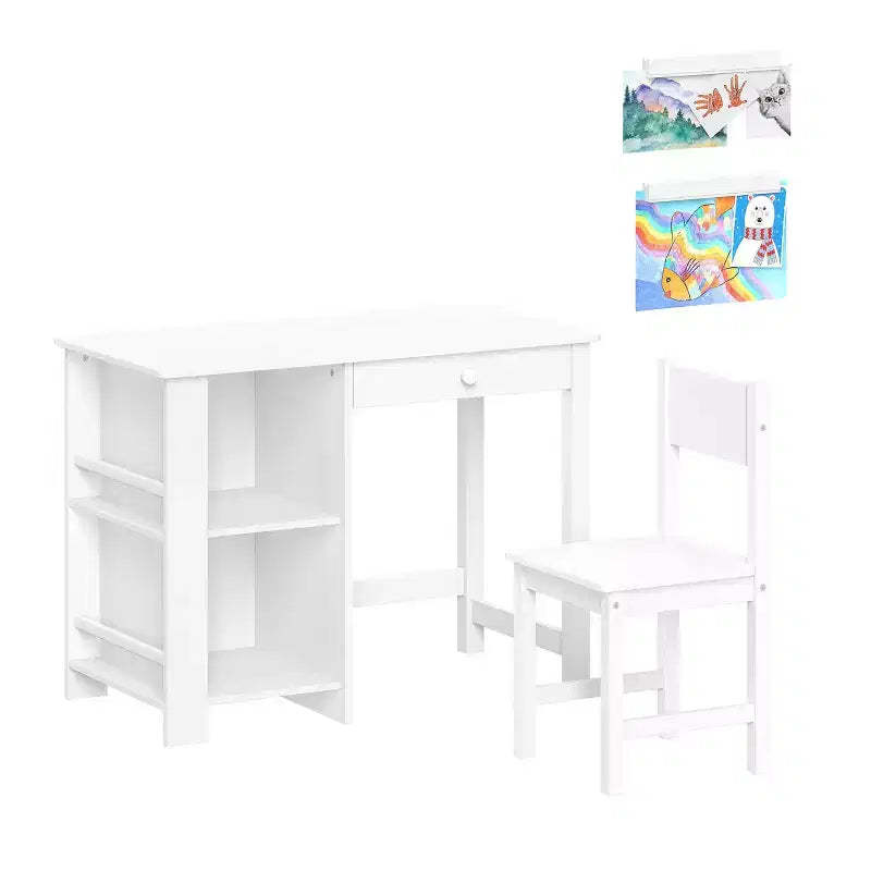 RiverRidge Kids' Desk and Chair Playroom Set with 2 Art Storage Cubbies and 2 Side Bookshelves White with 2 Magnetic Art Display Bars