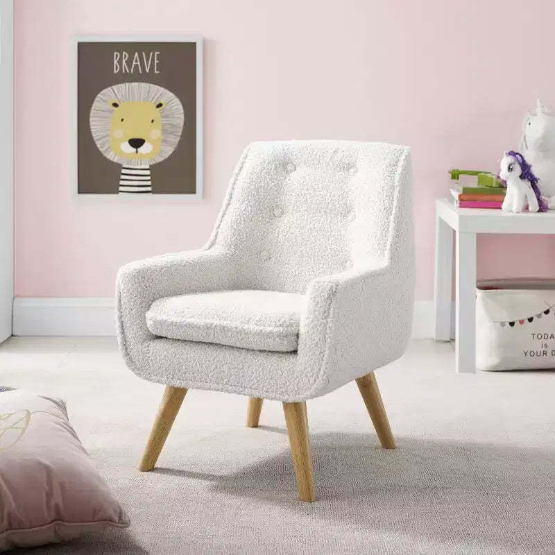 Hadden Mid-Century Modern White Shearling Upholstry and Natural Wood Leg Kids' Trellis Chair - Powell