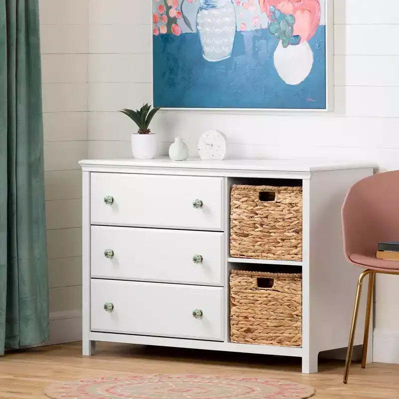 Balka 3 Drawer Kids' Dresser with Baskets Pure White - South Shore: Dressers for Bedroom, Toddler Storage, Farmhouse Style